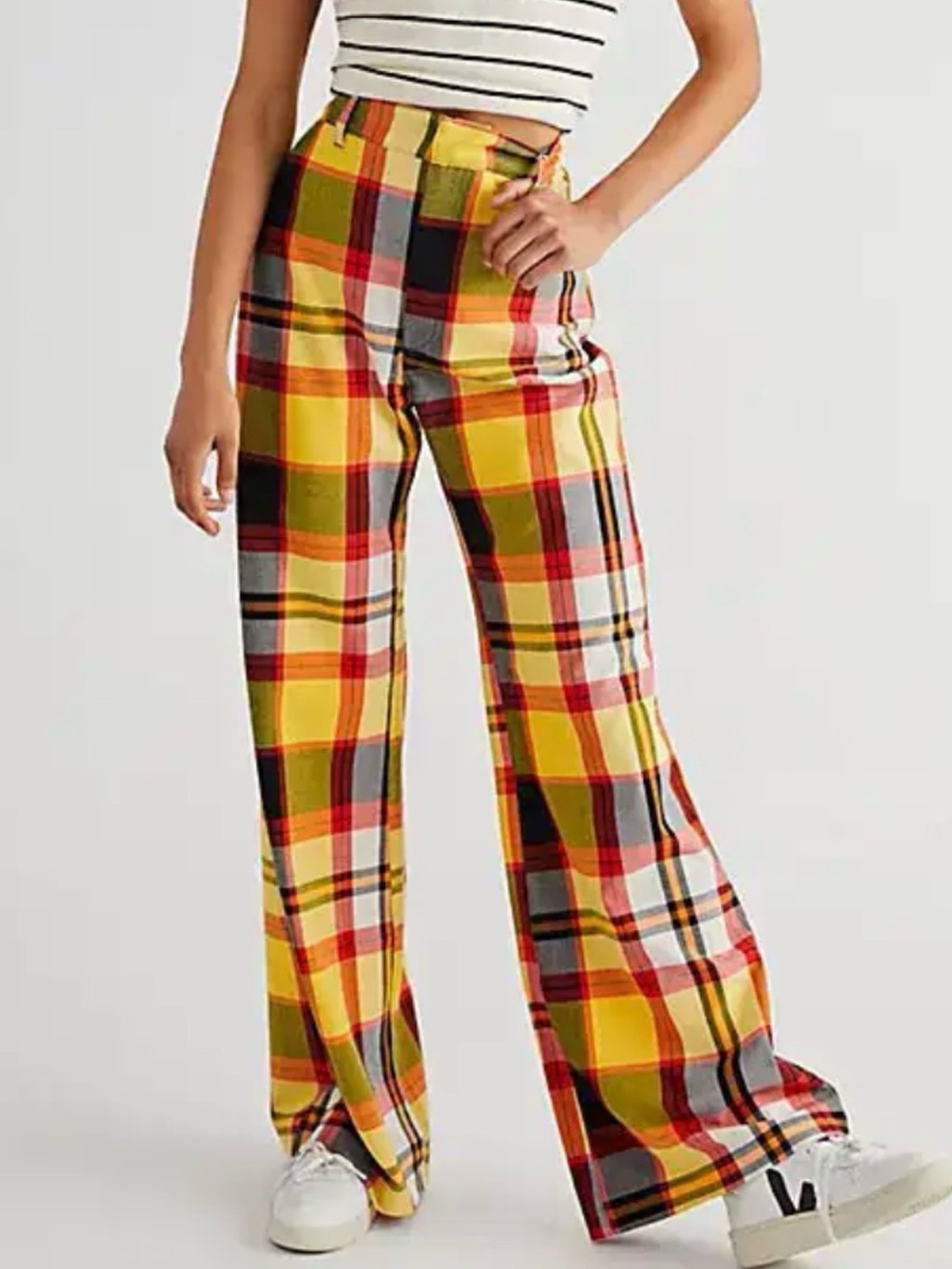 Free People Multi Colored Jules High Waisted Plaid Flare Pants Retro 12